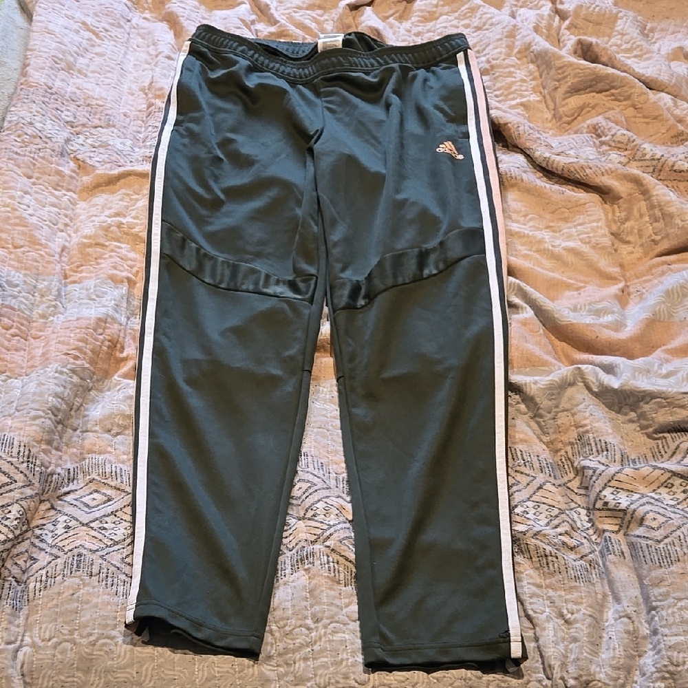Green Adidas Track Pants with White and Peach Stripes